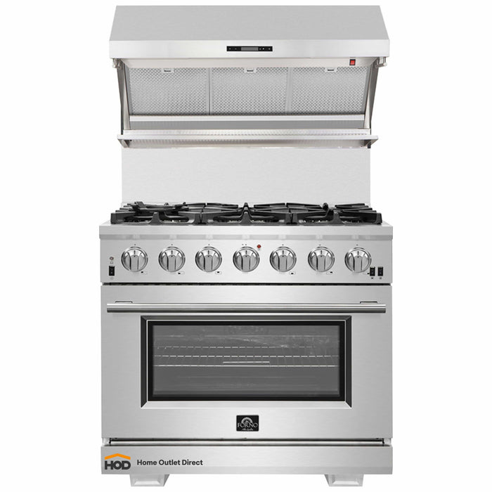 Forno 2-Piece Pro Appliance Package - 36-Inch Gas Range & Wall Mount Hood with Backsplash in Stainless Steel FORNO