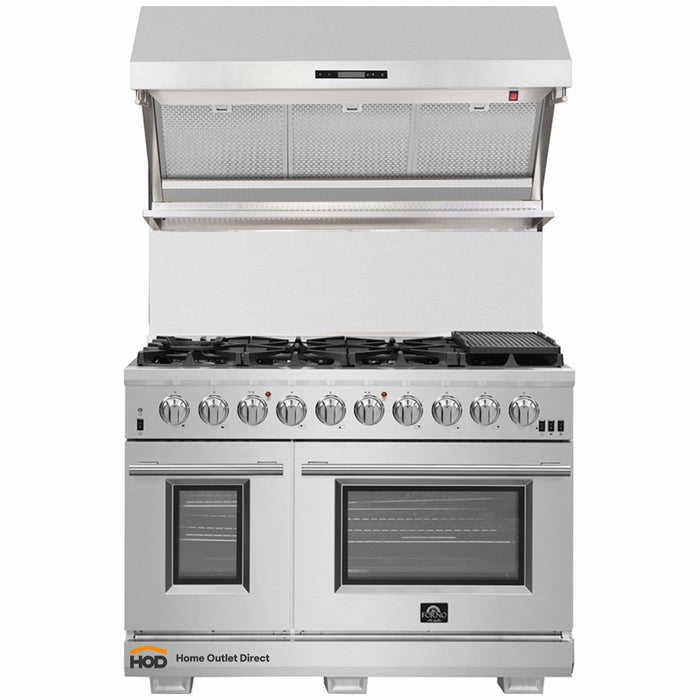 Forno 2-Piece Pro Appliance Package - 48-Inch Gas Range & Wall Mount Hood with Backsplash in Stainless Steel FORNO