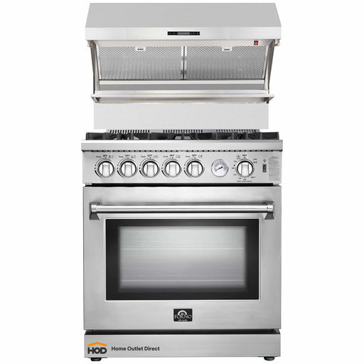 Forno 2-Piece Appliance Package - 30-Inch Gas Range & Wall Mount Hood with Backsplash in Stainless Steel FORNO