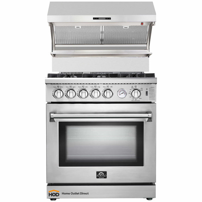 Forno 2-Piece Appliance Package - 30-Inch Gas Range & Wall Mount Hood with Backsplash in Stainless Steel FORNO