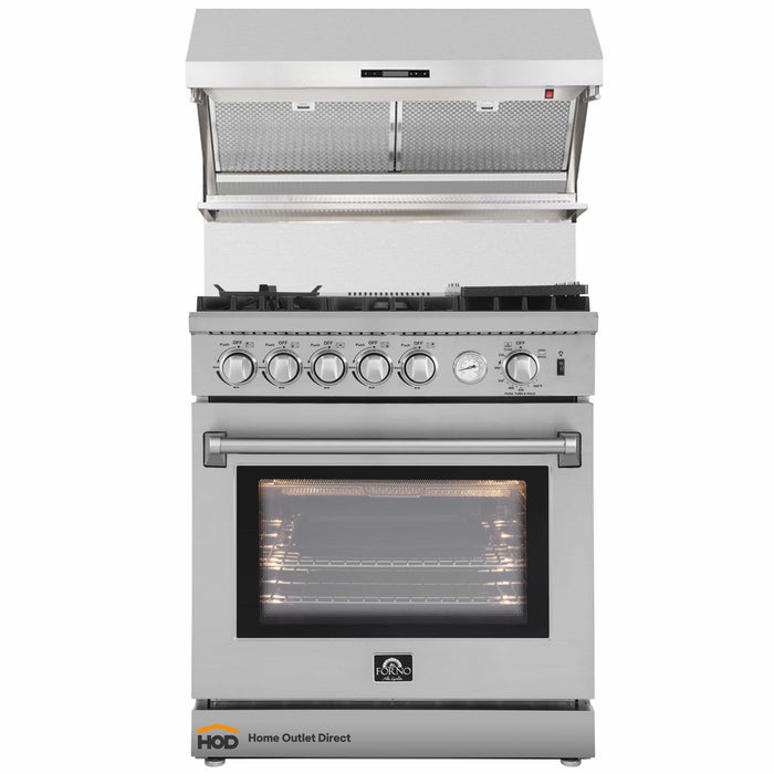 Forno 2-Piece Appliance Package - 30-Inch Gas Range with Air Fryer & Wall Mount Hood with Backsplash in Stainless Steel FORNO
