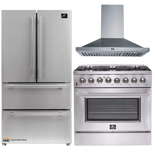 Forno 3-Piece Appliance Package - 36-Inch Dual Fuel Range, 36-Inch Refrigerator & Wall Mount Hood in Stainless Steel FORNO