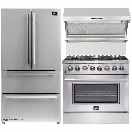 Forno 3-Piece Appliance Package - 36-Inch Dual Fuel Range, Refrigerator, & Wall Mount Hood with Backsplash in Stainless Steel FORNO