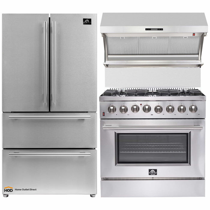 Forno 3-Piece Appliance Package - 36-Inch Dual Fuel Range, Refrigerator, & Wall Mount Hood with Backsplash in Stainless Steel FORNO