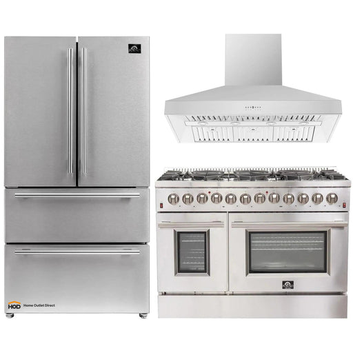 Forno 3-Piece Appliance Package - 48-Inch Dual Fuel Range, 36-Inch Refrigerator & Wall Mount Hood in Stainless Steel FORNO