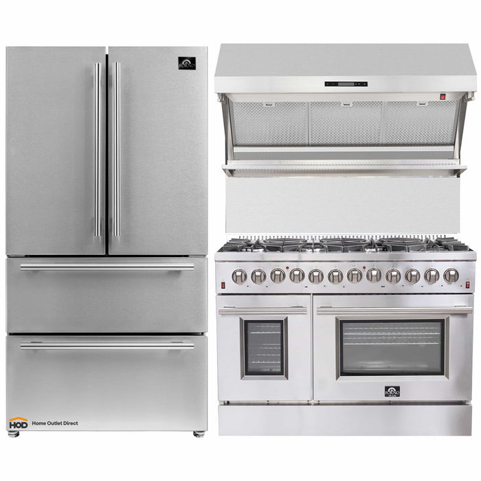 Forno 3-Piece Appliance Package - 48-Inch Dual Fuel Range, Refrigerator, & Wall Mount Hood with Backsplash in Stainless Steel FORNO