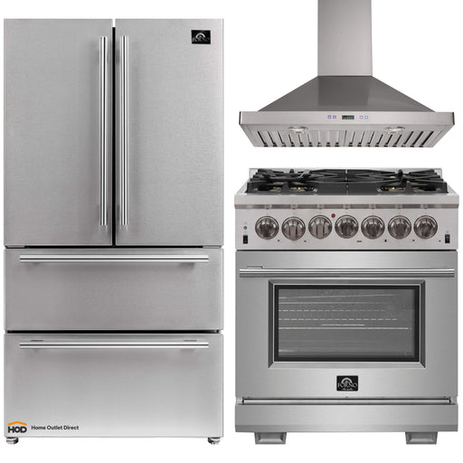 Forno 3-Piece Pro Appliance Package - 30-Inch Dual Fuel Range, Refrigerator, Wall Mount Hood in Stainless Steel FORNO