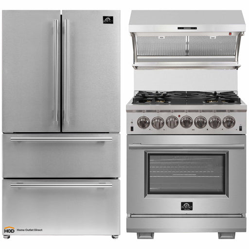 Forno 3-Piece Pro Appliance Package - 30-Inch Dual Fuel Range, Refrigerator, & Wall Mount Hood with Backsplash in Stainless Steel FORNO