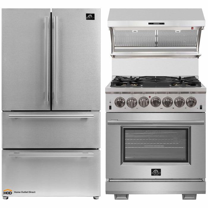 Forno 3-Piece Pro Appliance Package - 30-Inch Dual Fuel Range, Refrigerator, & Wall Mount Hood with Backsplash in Stainless Steel FORNO