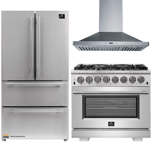 Forno 3-Piece Pro Appliance Package - 36-Inch Dual Fuel Range, 36-Inch Refrigerator & Wall Mount Hood in Stainless Steel FORNO