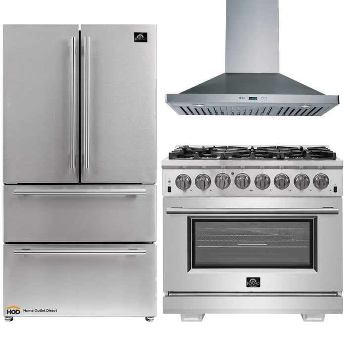 Forno 3-Piece Pro Appliance Package - 36-Inch Dual Fuel Range, 36-Inch Refrigerator & Wall Mount Hood in Stainless Steel FORNO