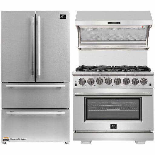 Forno 3-Piece Pro Appliance Package - 36-Inch Dual Fuel Range, 36-Inch Refrigerator & Wall Mount Hood with Backsplash in Stainless Steel FORNO
