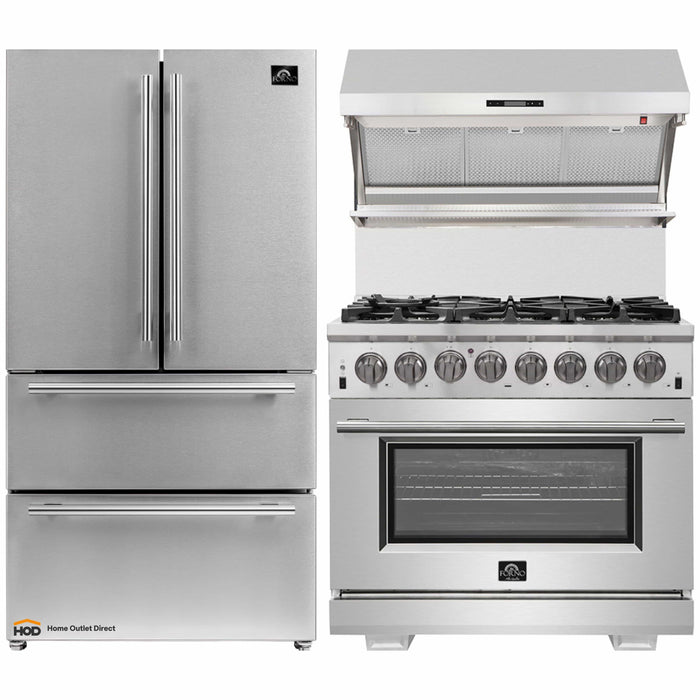 Forno 3-Piece Pro Appliance Package - 36-Inch Dual Fuel Range, 36-Inch Refrigerator & Wall Mount Hood with Backsplash in Stainless Steel FORNO