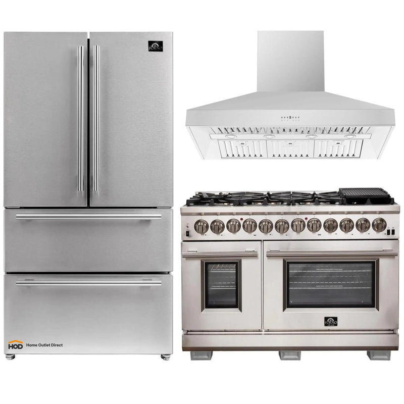 Forno 3-Piece Pro Appliance Package - 48-Inch Dual Fuel Range, 36-Inch Refrigerator & Wall Mount Hood in Stainless Steel