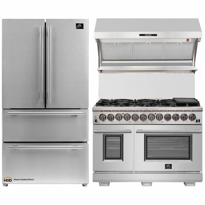 Forno 3-Piece Pro Appliance Package - 48-Inch Dual Fuel Range, Refrigerator, & Wall Mount Hood with Backsplash in Stainless Steel FORNO
