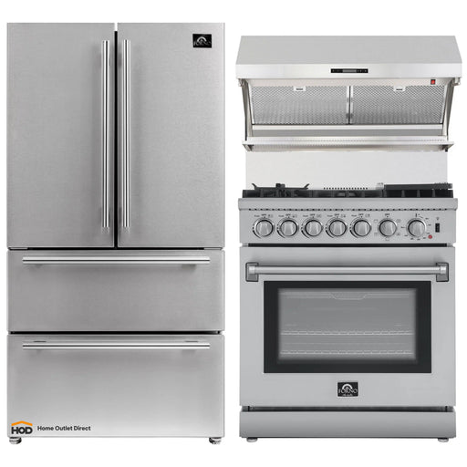 Forno 3-Piece Appliance Package - 30-Inch Dual Fuel Range with Air Fryer, 36-Inch Refrigerator & Wall Mount Hood with Backsplash in Stainless Steel FORNO