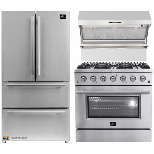 Forno 3-Piece Appliance Package - 36-Inch Gas Range, Refrigerator, & Wall Mount Hood with Backsplash in Stainless Steel FORNO
