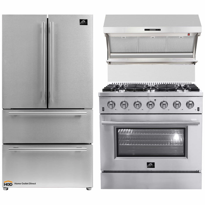 Forno 3-Piece Appliance Package - 36-Inch Gas Range, Refrigerator, & Wall Mount Hood with Backsplash in Stainless Steel FORNO