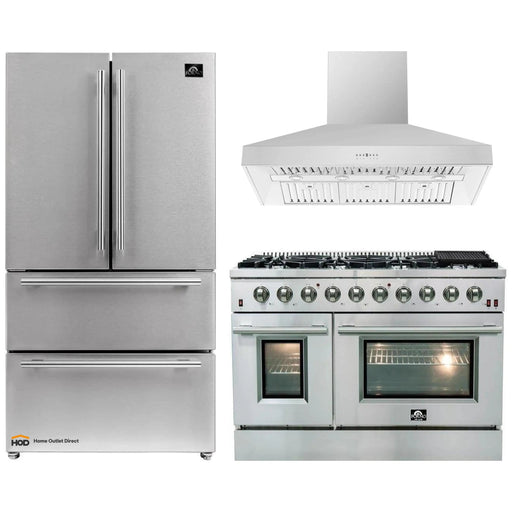Forno 3-Piece Appliance Package - 48-Inch Gas Range, Refrigerator, & Wall Mount Hood in Stainless Steel FORNO