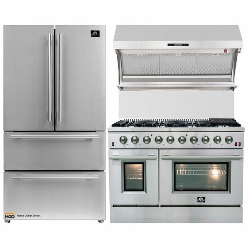 Forno 3-Piece Appliance Package- 48-Inch Gas Range, Refrigerator, & Wall Mount Hood with Backsplash in Stainless Steel FORNO