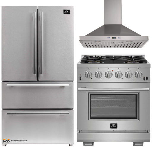 Forno 3-Piece Pro Appliance Package - 30-Inch Gas Range, Refrigerator, & Wall Mount Hood in Stainless Steel FORNO
