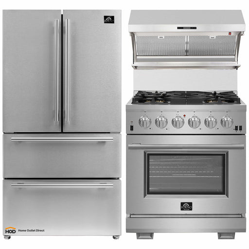 Forno 3-Piece Pro Appliance Package - 30-Inch Gas Range, Refrigerator, & Wall Mount Hood with Backsplash in Stainless Steel FORNO