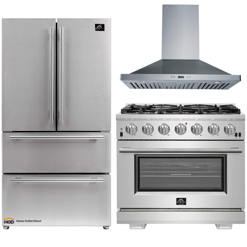 Forno 3-Piece Pro Appliance Package - 36-Inch Gas Range, Refrigerator, & Wall Mount Hood in Stainless Steel