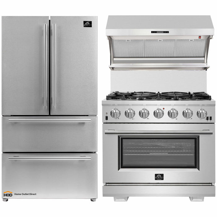 Forno 3-Piece Pro Appliance Package - 36-Inch Gas Range, Refrigerator, & Wall Mount Hood with Backsplash in Stainless Steel FORNO