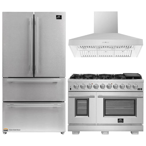 Forno 3-Piece Pro Appliance Package - 48-Inch Gas Range, Refrigerator, Wall Mount Hood in Stainless Steel FORNO