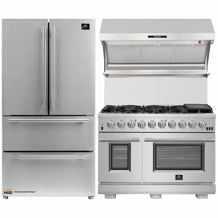 Forno 3-Piece Pro Appliance Package - 48-Inch Gas Range, 36-Inch Refrigerator & Wall Mount Hood with Backsplash in Stainless Steel FORNO