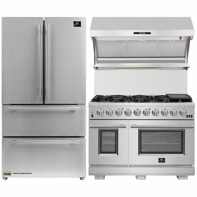 Forno 3-Piece Pro Appliance Package - 48-Inch Gas Range, 36-Inch Refrigerator & Wall Mount Hood with Backsplash in Stainless Steel
