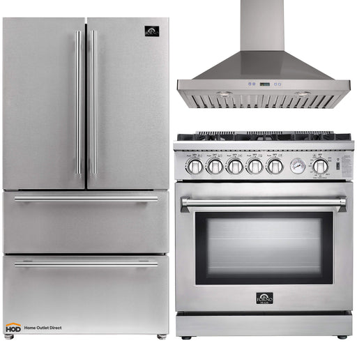 Forno 3-Piece Appliance Package - 30-Inch Gas Range, 36-Inch Refrigerator & Wall Mount Hood in Stainless Steel FORNO