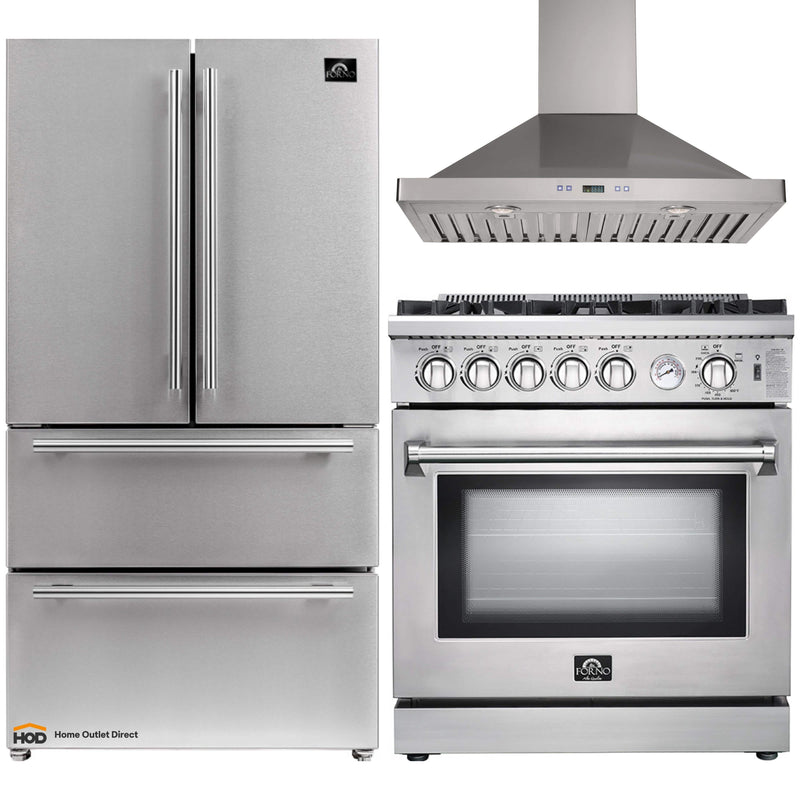 Forno 3-Piece Appliance Package - 30-Inch Gas Range, 36-Inch Refrigerator & Wall Mount Hood in Stainless Steel