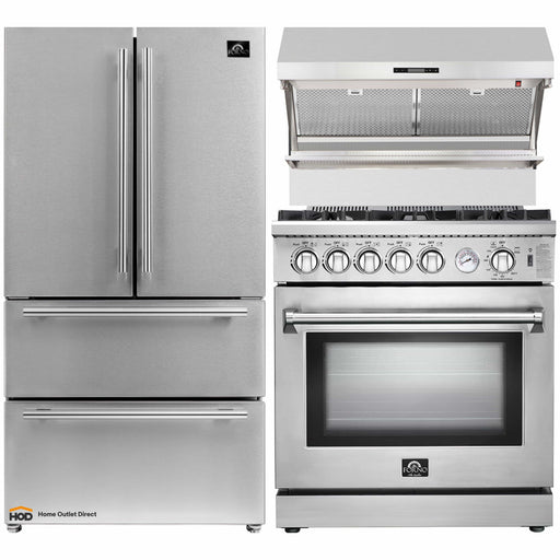 Forno 3-Piece Appliance Package - 30-Inch Gas Range, Refrigerator, & Wall Mount Hood with Backsplash in Stainless Steel FORNO
