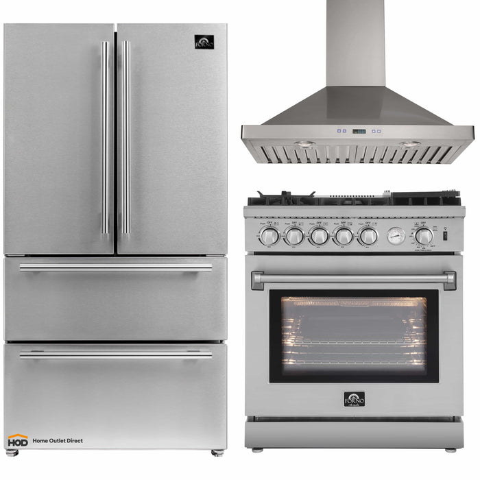 Forno 3-Piece Appliance Package - 30-Inch Gas Range with Air Fryer, 36-Inch Refrigerator & Wall Mount Hood in Stainless Steel FORNO