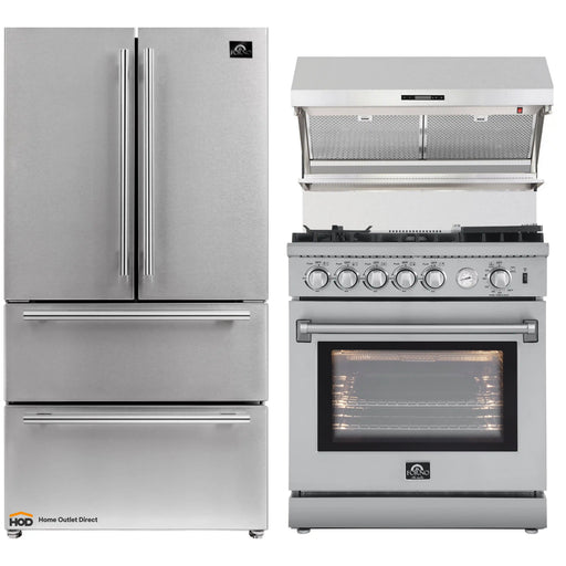 Forno 3-Piece Appliance Package - 30-Inch Gas Range with Air Fryer, 36-Inch Refrigerator & Wall Mount Hood with Backsplash in Stainless Steel FORNO