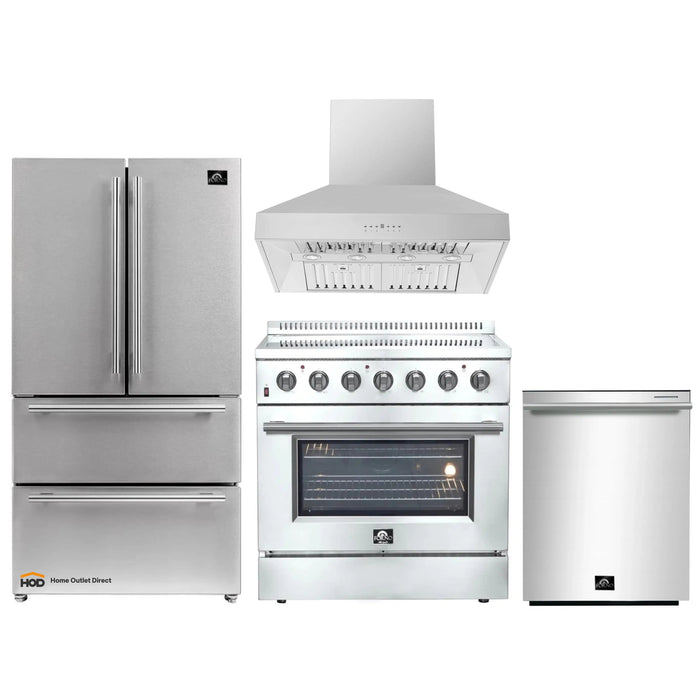 Forno 4-Piece Appliance Package - 36-Inch Electric Range, Wall Mount Range Hood, French Door Refrigerator, and Dishwasher in Stainless Steel FORNO