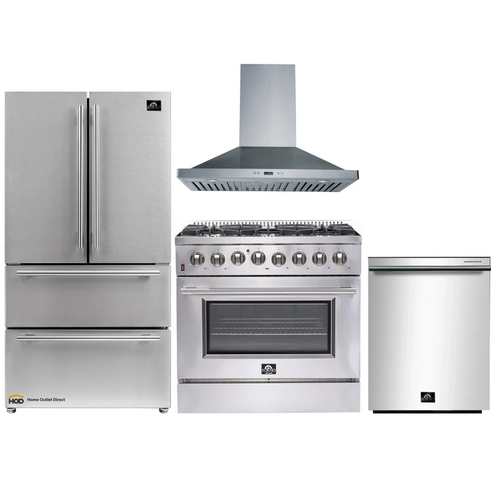 Forno 4-Piece Appliance Package - 36-Inch Dual Fuel Range, Refrigerator, Wall Mount Hood, & 3-Rack Dishwasher in Stainless Steel FORNO