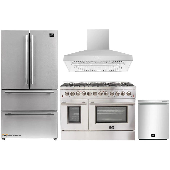 Forno 4-Piece Appliance Package - 48-Inch Dual Fuel Range, Refrigerator, Wall Mount Hood, & 3-Rack Dishwasher in Stainless Steel FORNO