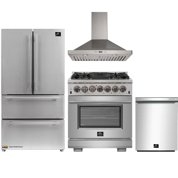 Forno 4-Piece Pro Appliance Package - 30-Inch Dual Fuel Range, Refrigerator, Wall Mount Hood, & 3-Rack Dishwasher in Stainless Steel FORNO