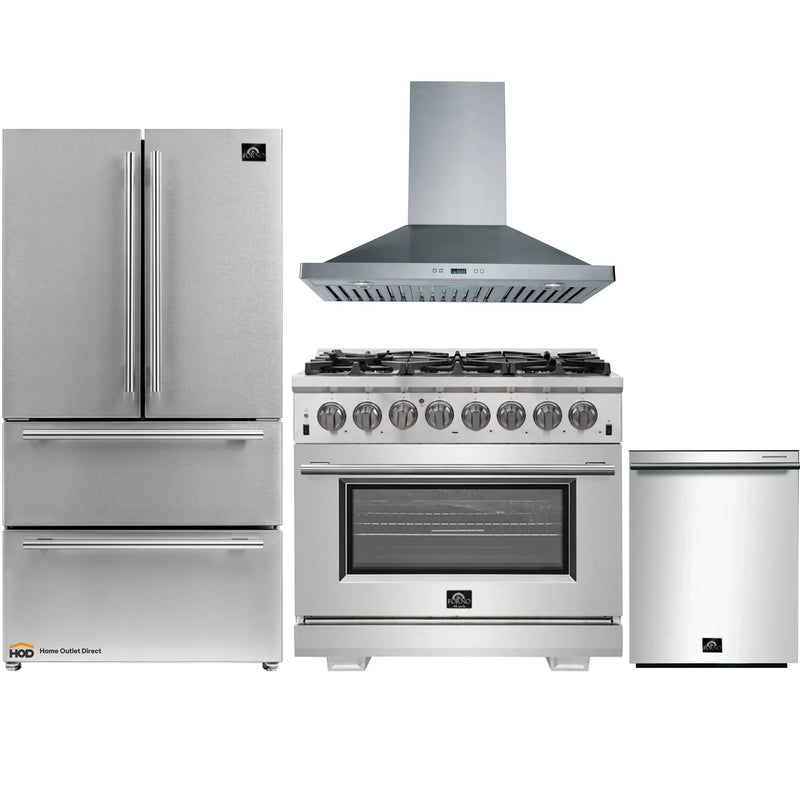 Forno 4-Piece Pro Appliance Package - 36-Inch Dual Fuel Range, Refrigerator, Wall Mount Hood, & 3-Rack Dishwasher in Stainless Steel