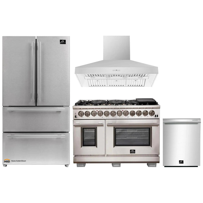 Forno 4-Piece Pro Appliance Package - 48-Inch Dual Fuel Range, Refrigerator, Wall Mount Hood, & 3-Rack Dishwasher in Stainless Steel FORNO