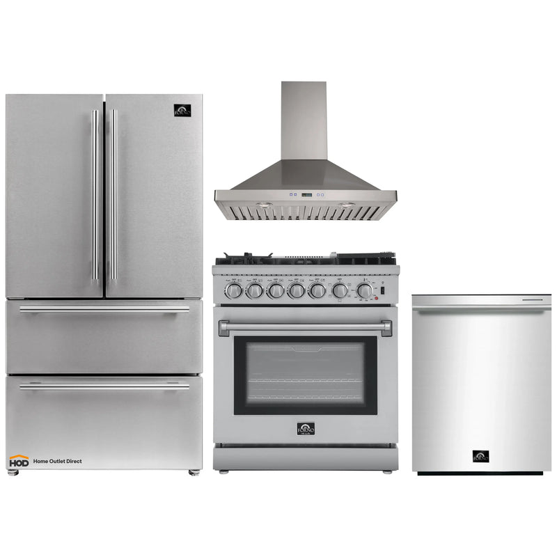 Forno 4-Piece Appliance Package - 30-Inch Dual Fuel Range with Air Fryer, Refrigerator, Wall Mount Hood, & 3-Rack Dishwasher in Stainless Steel