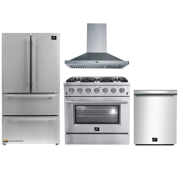 Forno 4-Piece Appliance Package - 36-Inch Gas Range, Refrigerator, Wall Mount Hood, & 3-Rack Dishwasher in Stainless Steel FORNO