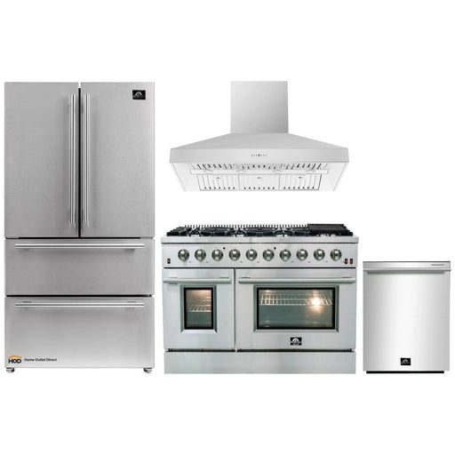 Forno 4-Piece Appliance Package - 48-Inch Gas Range, Refrigerator, Wall Mount Hood, & 3-Rack Dishwasher in Stainless Steel FORNO