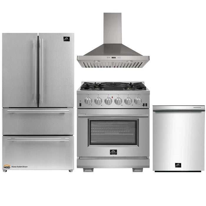 Forno 4-Piece Pro Appliance Package - 30-Inch Gas Range, 36-Inch Refrigerator Wall Mount Hood, & 3-Rack Dishwasher in Stainless Steel FORNO