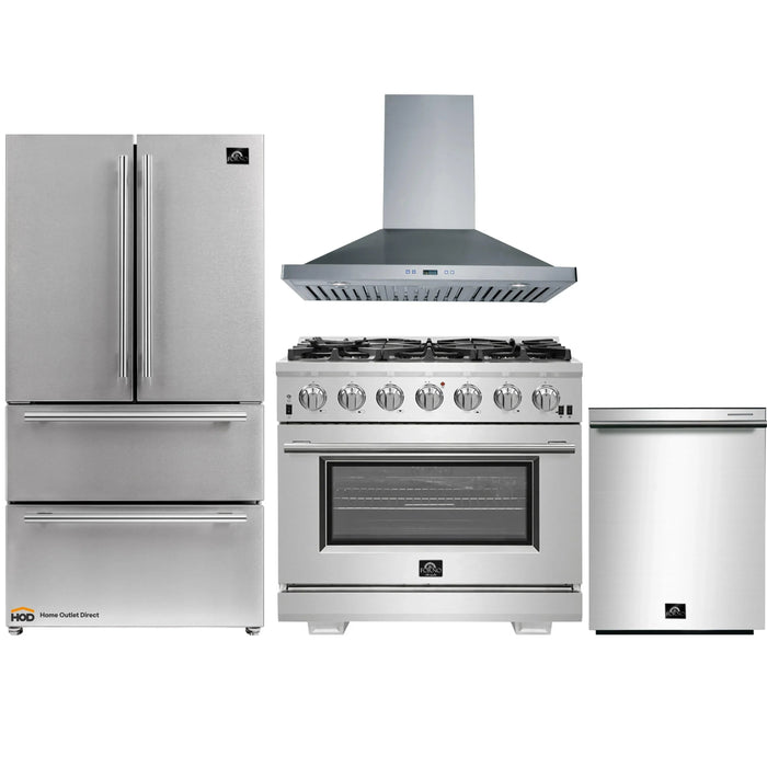 Forno 4-Piece Pro Appliance Package - 36-Inch Gas Range, Refrigerator, Wall Mount Hood, & 3-Rack Dishwasher in Stainless Steel FORNO
