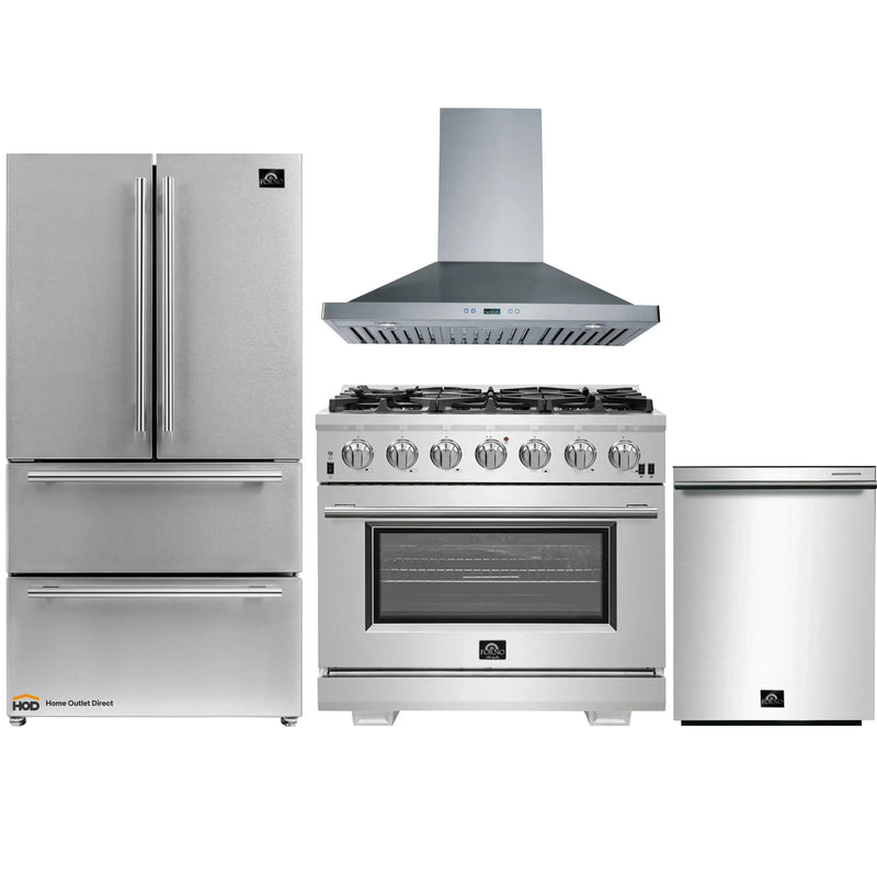 Forno 4-Piece Pro Appliance Package - 36-Inch Gas Range, Refrigerator, Wall Mount Hood, & 3-Rack Dishwasher in Stainless Steel