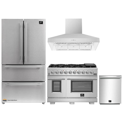Forno 4-Piece Pro Appliance Package - 48-Inch Gas Range, Refrigerator, Wall Mount Hood, & 3-Rack Dishwasher in Stainless Steel FORNO