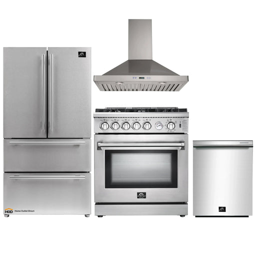 Forno 4-Piece Appliance Package - 30-Inch Gas Range, Refrigerator, Wall Mount Hood, & 3-Rack Dishwasher in Stainless Steel FORNO